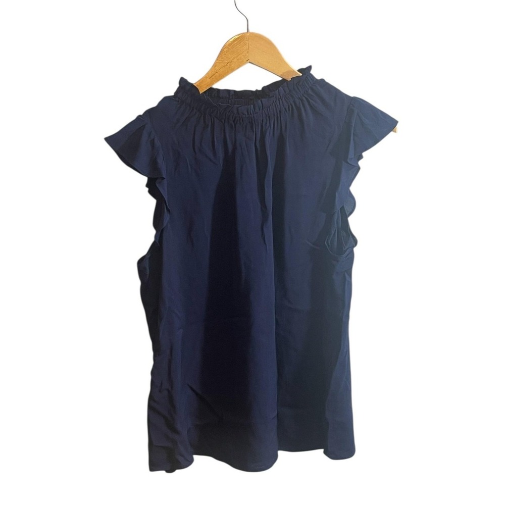 Women's Navy Blue Ruffle Sleeve Blouse Medium High Neck Lightweight Elegant Work